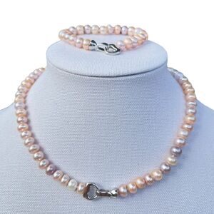 Cultured Freshwater Pearl Multi Necklace and Bracelet Set Heart Shaped Clasp‎